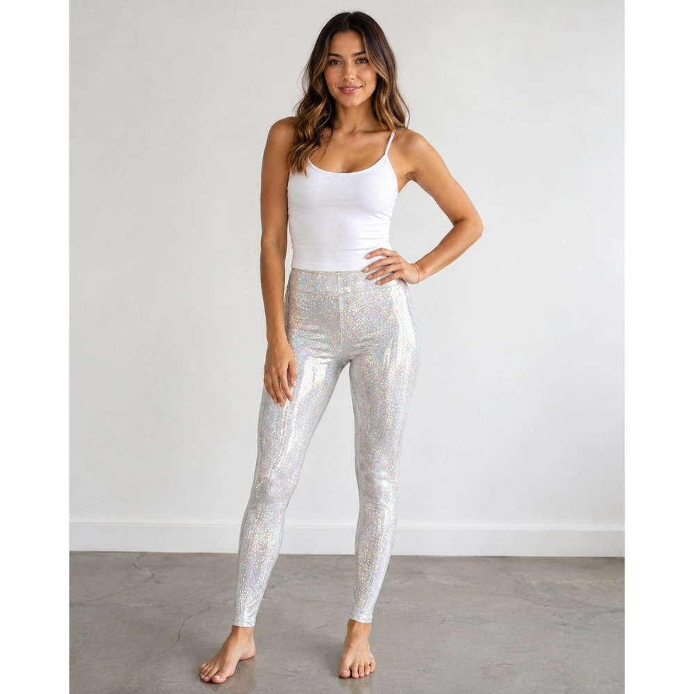 Funstigators Leggings XL Silver Holographic High Waist Disco Festival Sparkle